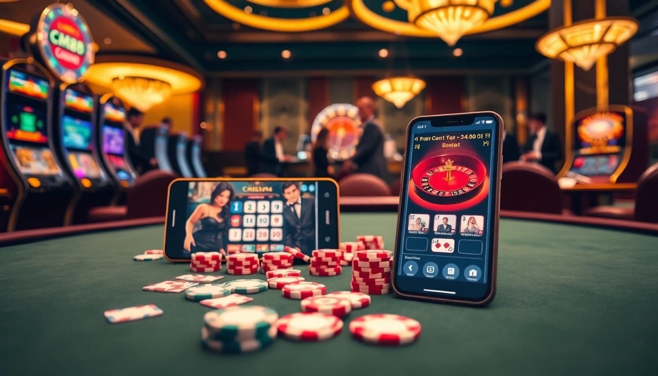Experience seamless gambling with cm88 tải app on a luxurious casino table full of poker chips.