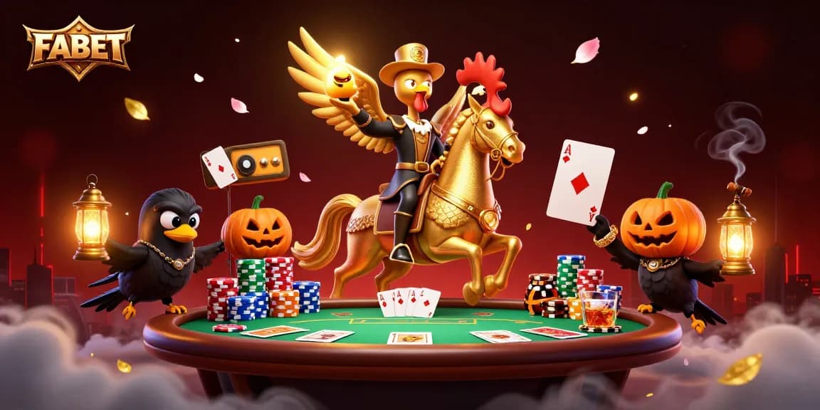 Engage with FABET's dazzling casino fantasy featuring a golden rooster amidst rich poker elements.