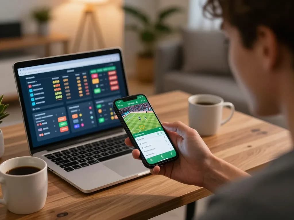 Excited user engages in sports betting on BL555 mobile app at home.