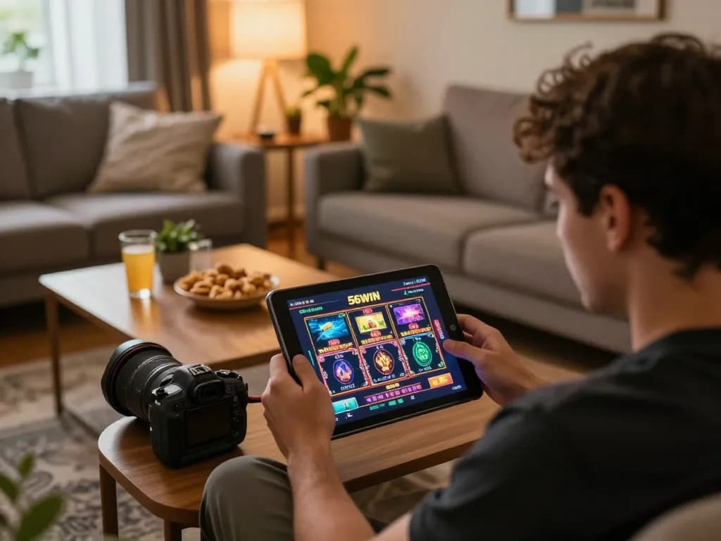 Enjoying a thrilling gaming experience at 56WIN on a tablet, surrounded by comfort and excitement.