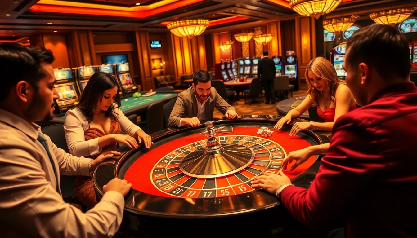 Joueurs concentrés au top casino en ligne, entourés de jeux de table scintillants.