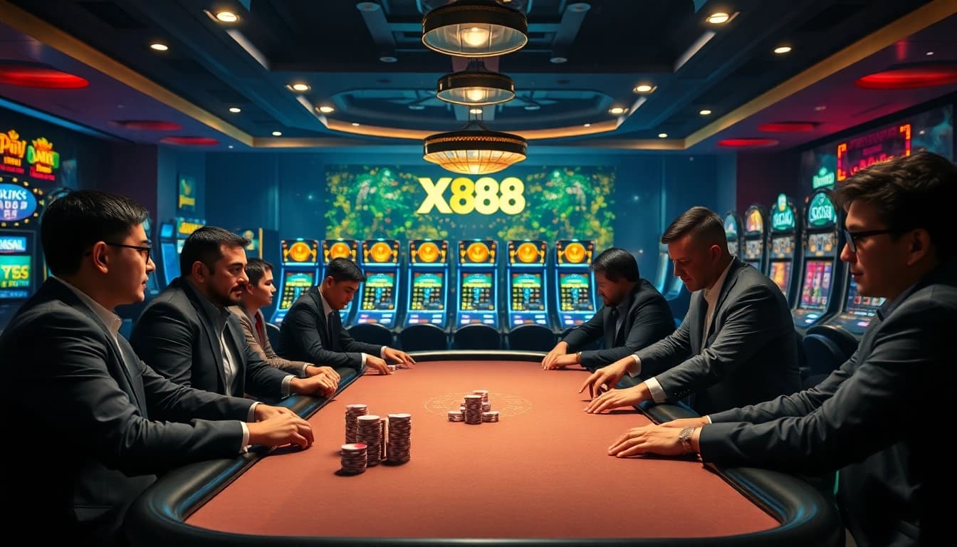 Engaged players at a high-stakes poker table, showcasing excitement in the X 88 casino atmosphere.