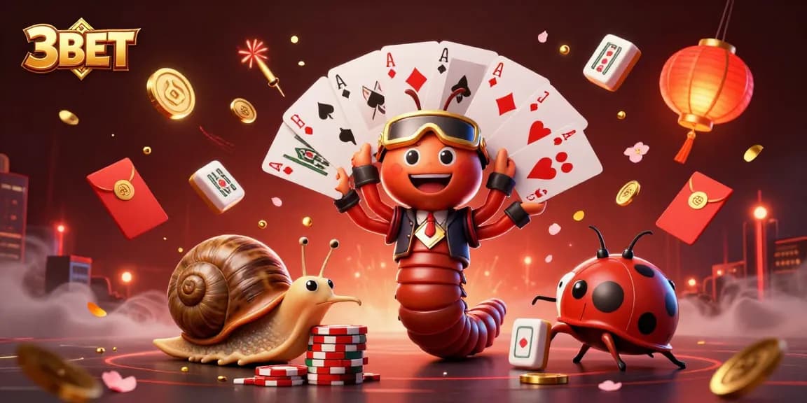 Engage with 3BET in a vibrant casino scene featuring a whimsical millipede dealer and exciting gaming elements.