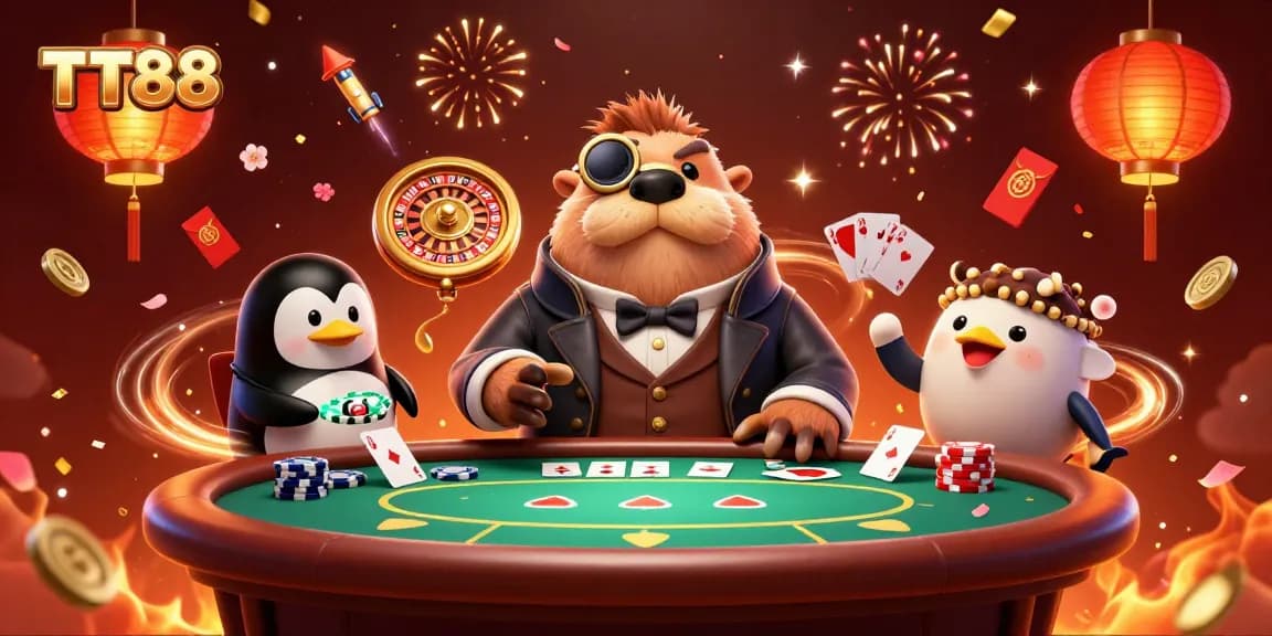 Experience TT88 excitement with a jolly walrus and friends at an underwater poker table.