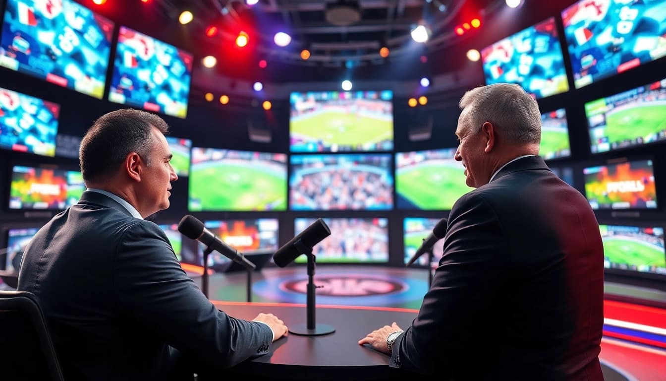 Engaging sports broadcasting scene showcasing live commentary and dynamic visuals.