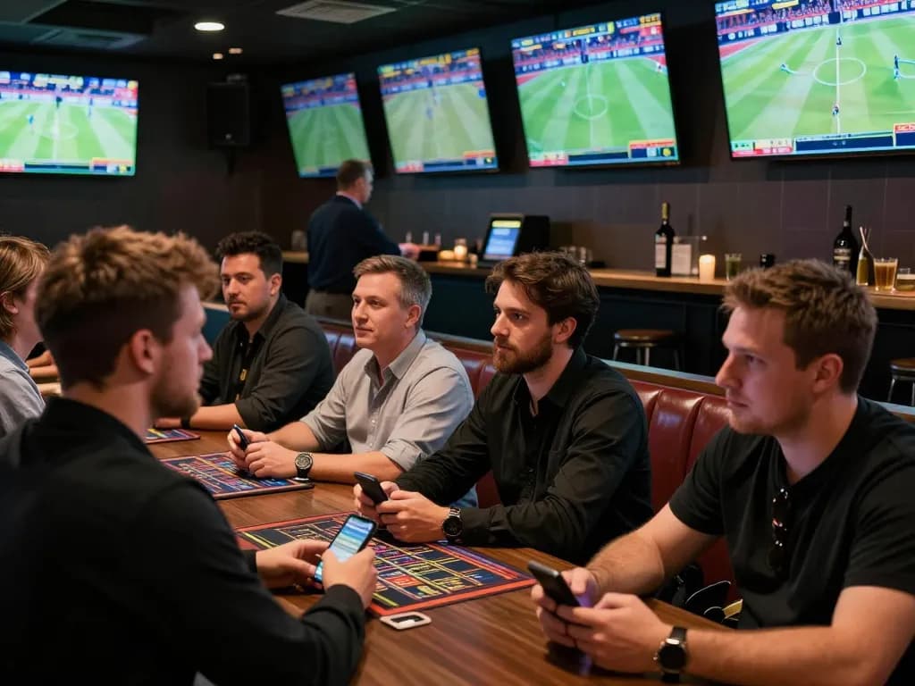 Sky88 sports bettors excitedly placing wagers while watching live events on multiple screens.