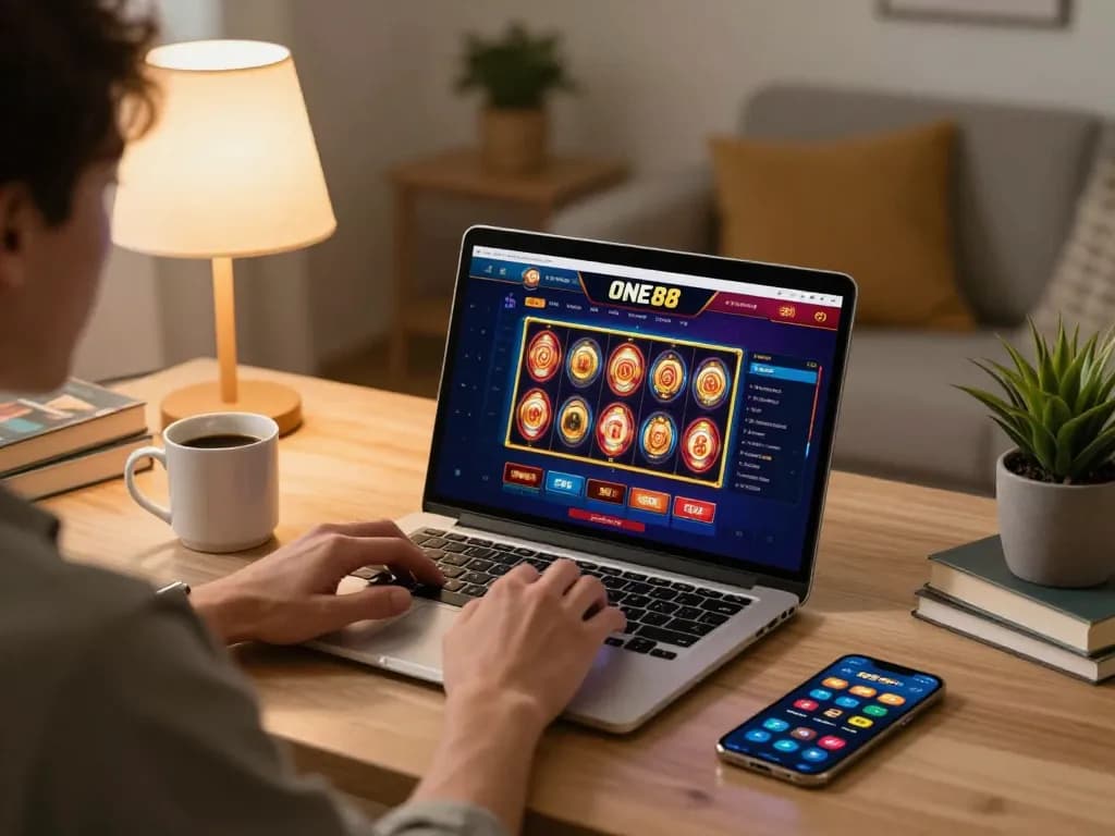 Player enjoying online slots at ONE88 casino, showcasing a cozy gaming atmosphere with personal touches.