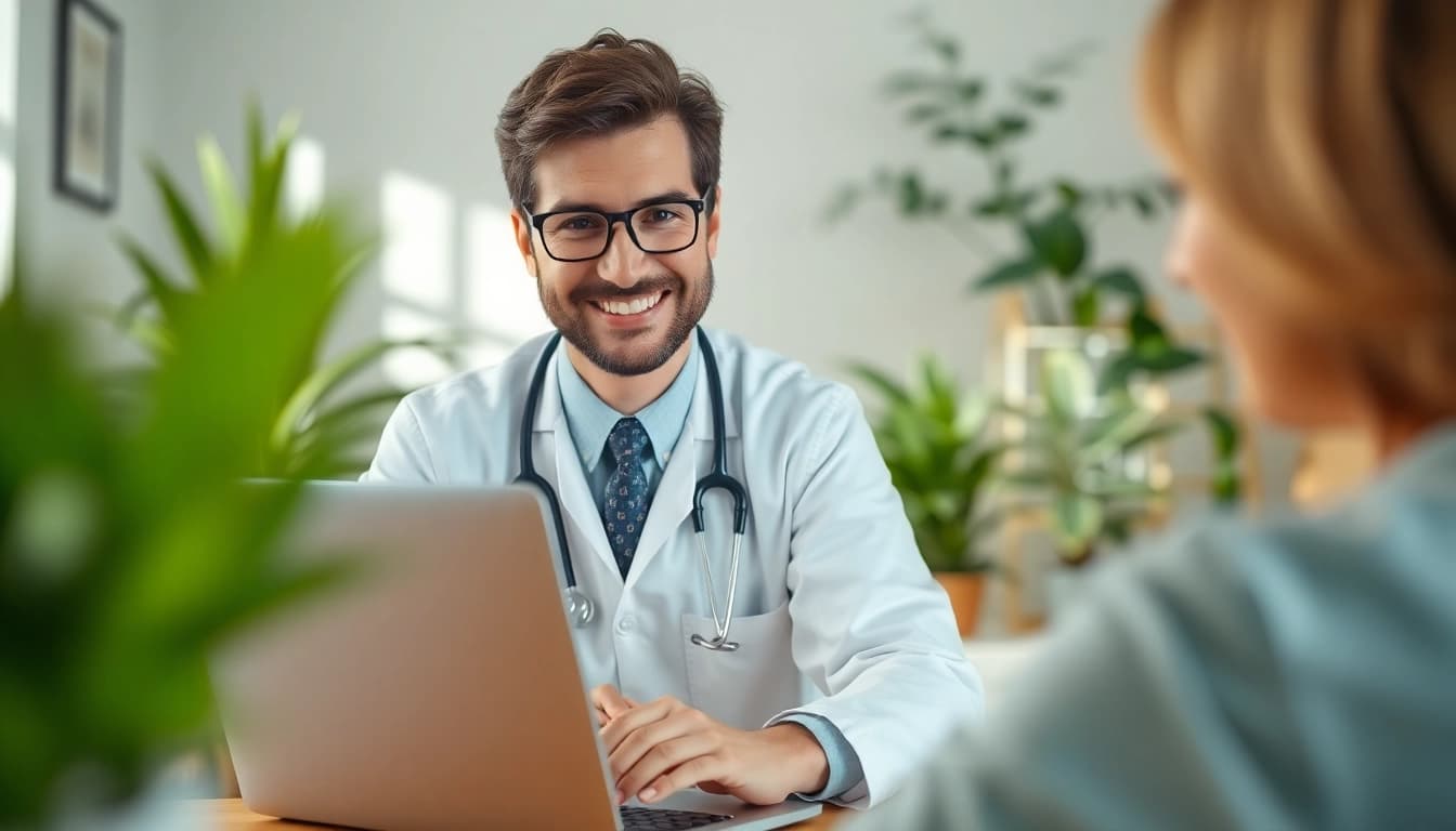 Engaging fast telehealth consultation online with a doctor in a cozy home office setting.
