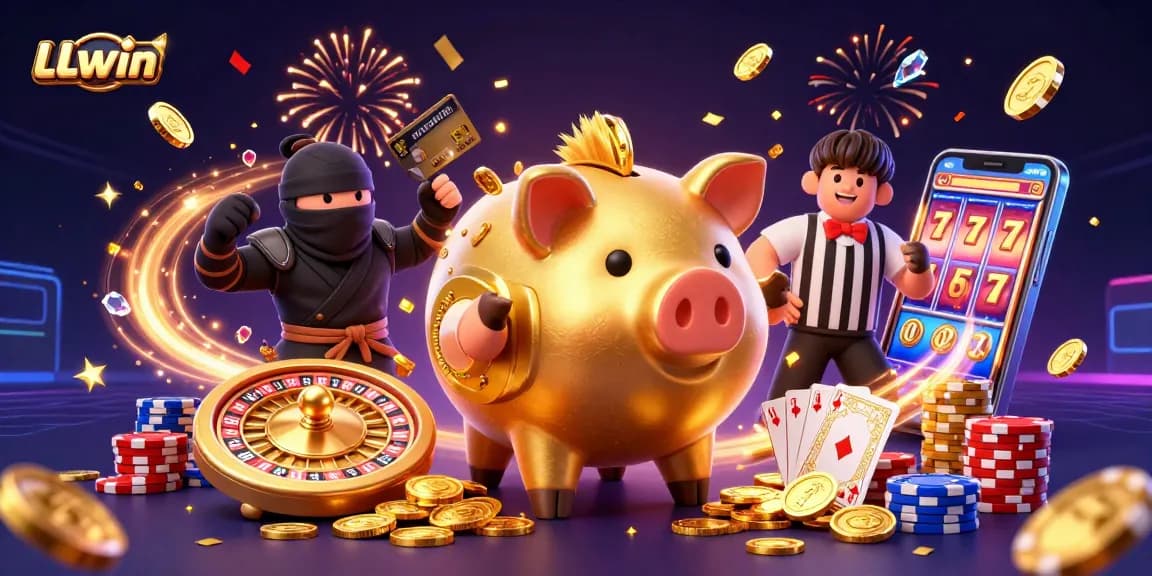 Experience the thrill of LLwin with a dynamic 3D scene featuring a golden piggy bank sumo wrestler and vibrant casino elements.