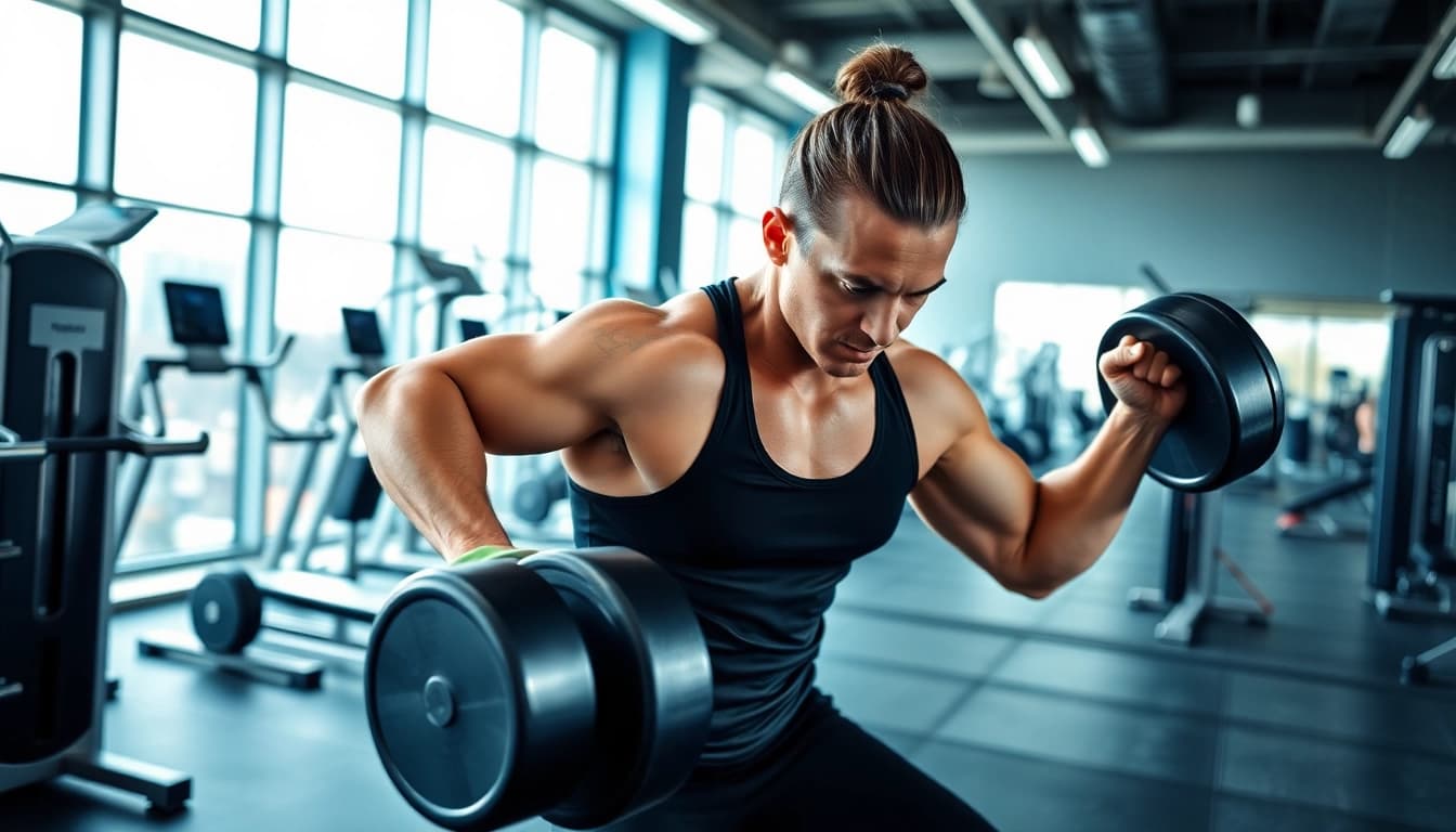 Fitness enthusiast demonstrating strength training with Canadian anabolics in a vibrant gym environment.