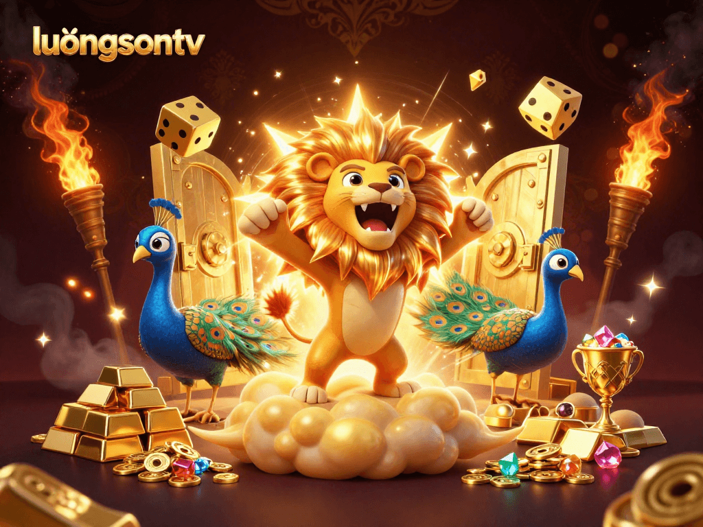Experience thrilling action with luongsontv, featuring a captivating 3D cartoon lion amidst dynamic casino elements.