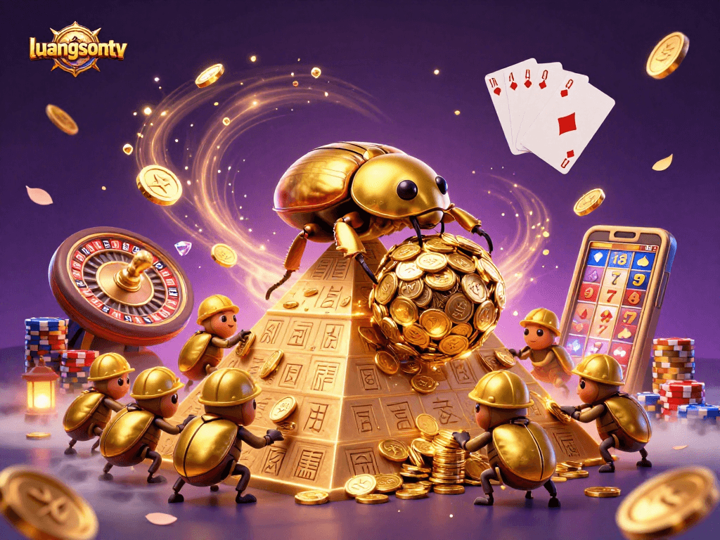 Experience the thrill of winning with luongsontv's vibrant illustration of a golden dung beetle and casino elements.