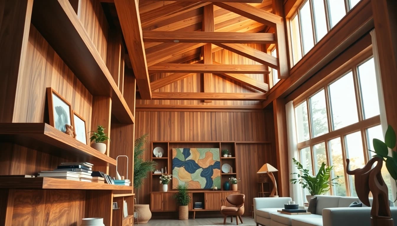 Interior architectural woodwork displayed in a modern living room with rich textures and natural light.