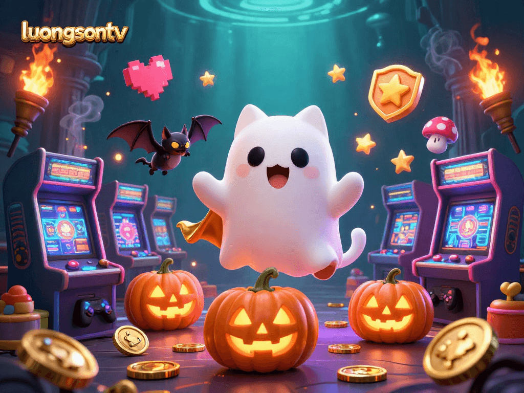 Join the excitement of luongsontv with a ghost cat and bat in a vibrant casino scene.