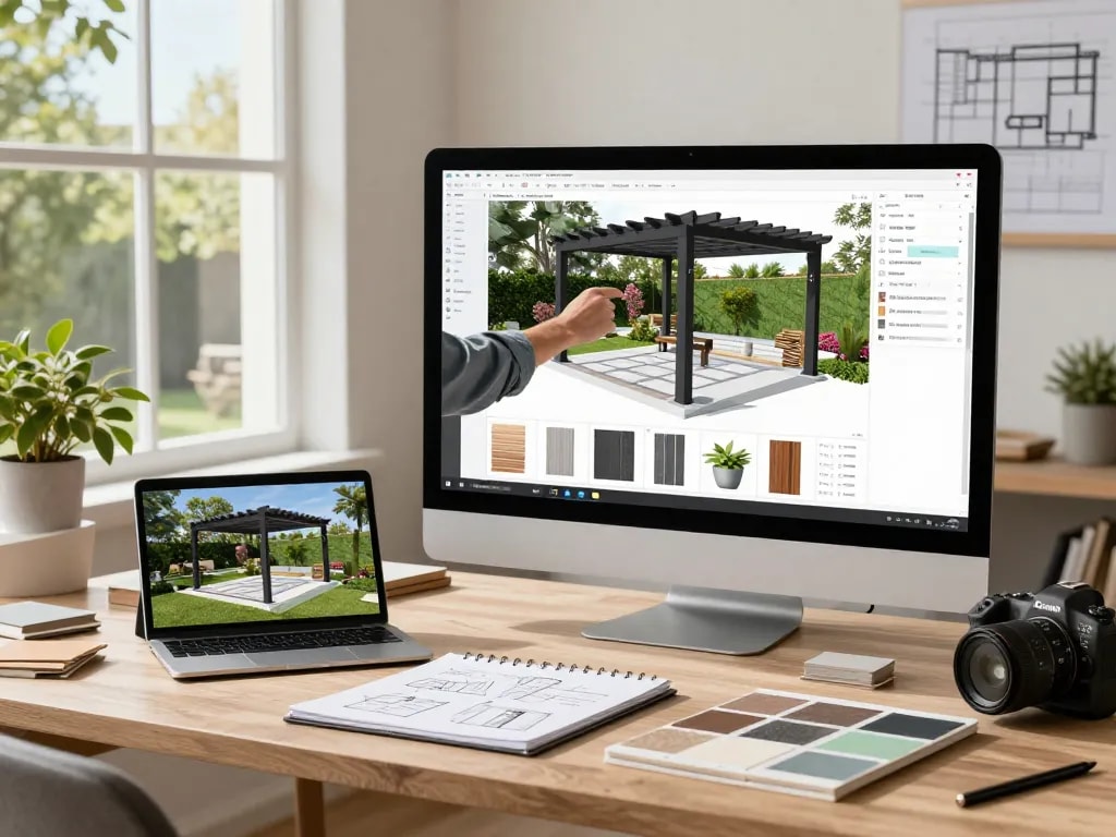 Pergola Configurator Software in action, showing a designer customizing a 3D model in a bright workshop, surrounded by materials and AR views.