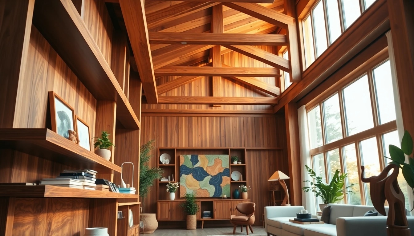 Interior architectural woodwork displayed in a modern living room with rich textures and natural light.
