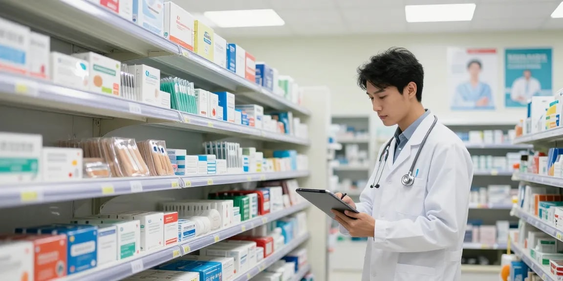 Healthcare professional assessing medical supplies in Canada store, showcasing essential products and organized inventory.