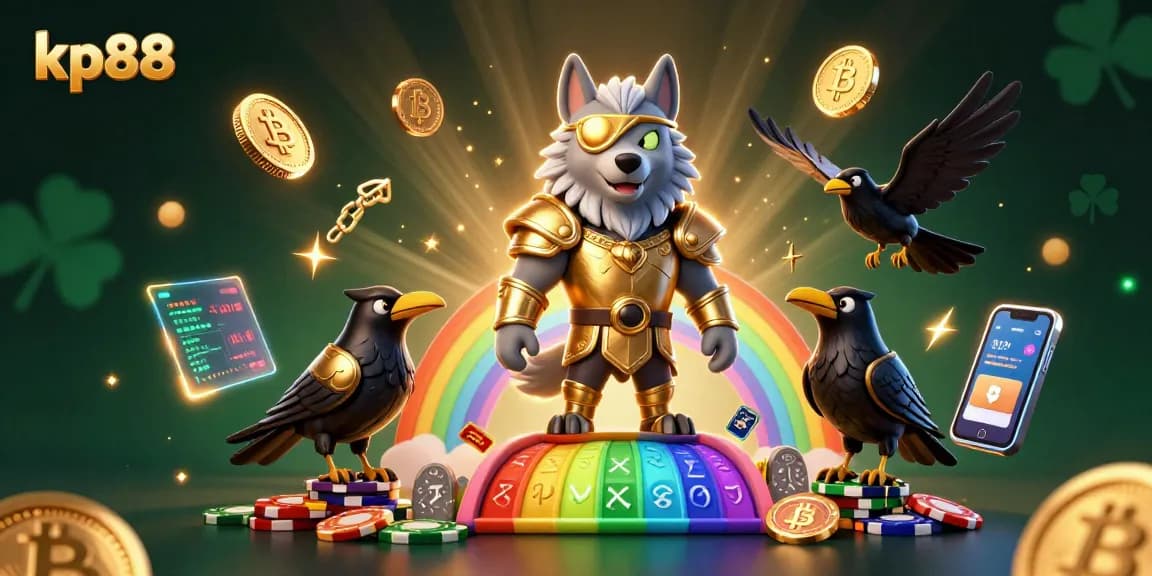 Engage with kp88's exclusive gaming experience surrounded by mythical elements and crypto-themed art.
