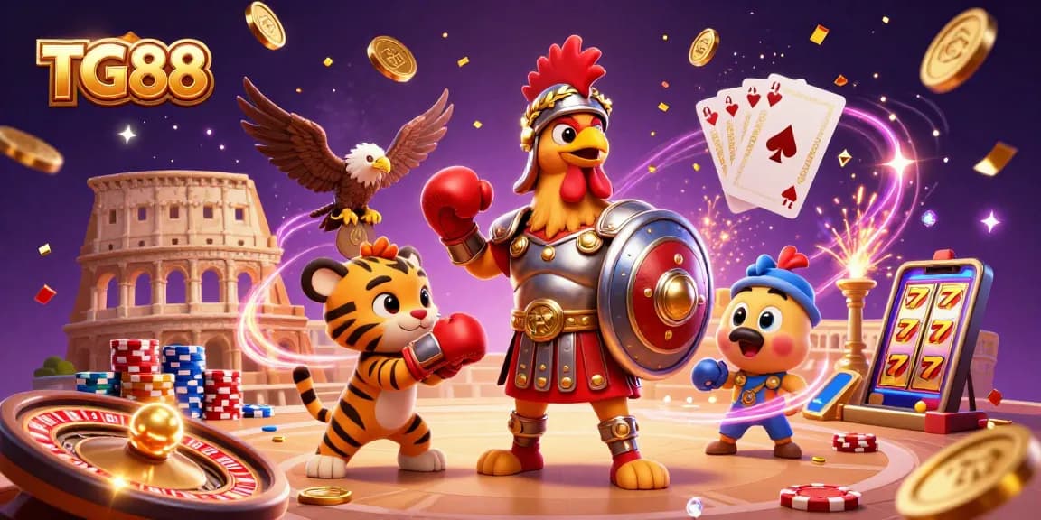 Experience thrilling bets and games at TG88, featuring vibrant casino elements and dynamic characters.