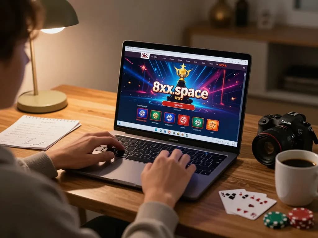 A person engaged in online gaming on 8xx.space, showcasing a strategic setup with casino elements in a cozy home.