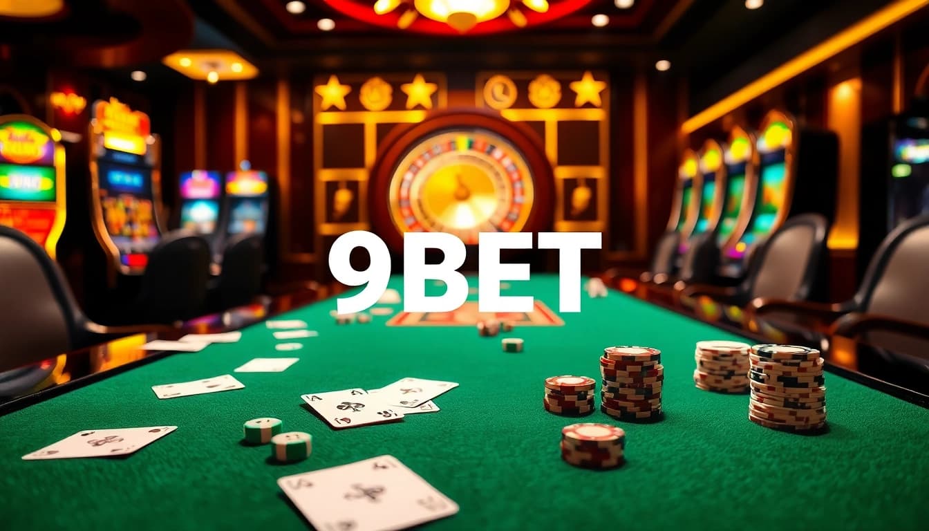 Experience the thrill of gambling with 9BET at an elegant casino table adorned with vibrant poker chips.