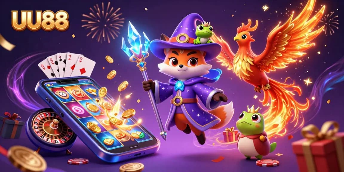 Experience thrilling games at UU88 with vibrant 3D casino artwork showcasing slots and card games.