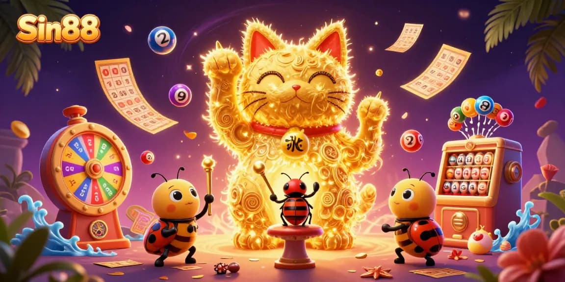 Experience excitement at Sin88 with vibrant lottery balls, a lucky cat, and dynamic casino symbols.