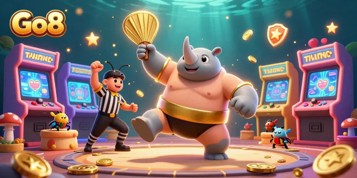 Go8 game scene with a sumo beetle champion stomping coins, engaging spectators, and vibrant arcade elements.