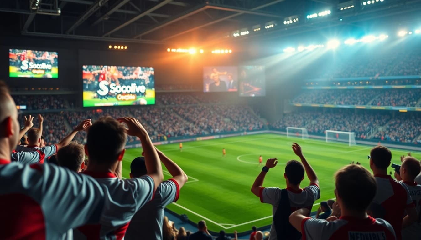Socolive trực tiếp bóng đá live coverage in a vibrant stadium atmosphere with cheering fans and a large screen.