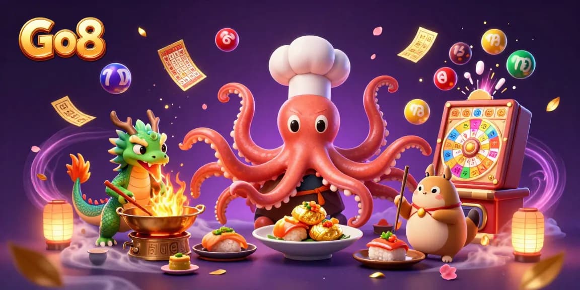 Join the Go8 adventure with a sushi chef octopus and dragon in a vibrant casino scene.