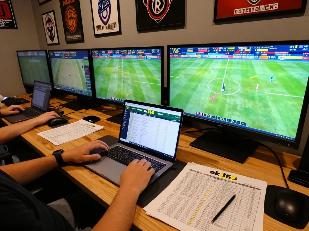 Engaging in online sports betting at ok365 with multiple screens showcasing live events and betting strategies