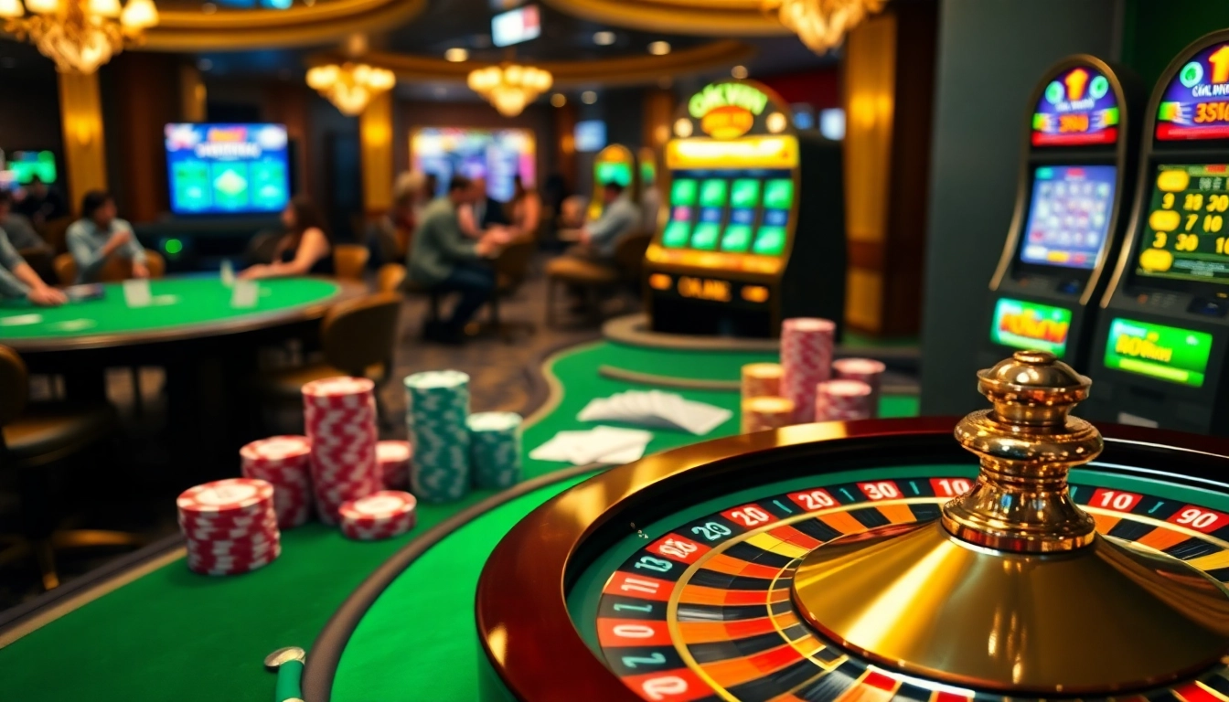 Engage in high-stakes roulette at okwin's luxurious casino environment with vibrant colors and excitement.