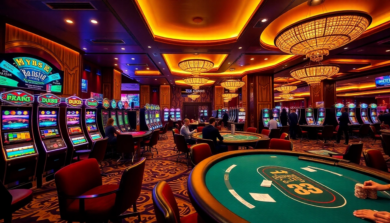 Experience the thrill of Du88 in a luxury casino atmosphere with poker tables and slot machines.