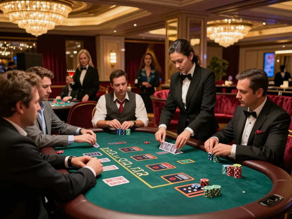 Players experiencing excitement at VK88 blackjack table in luxurious casino setting.