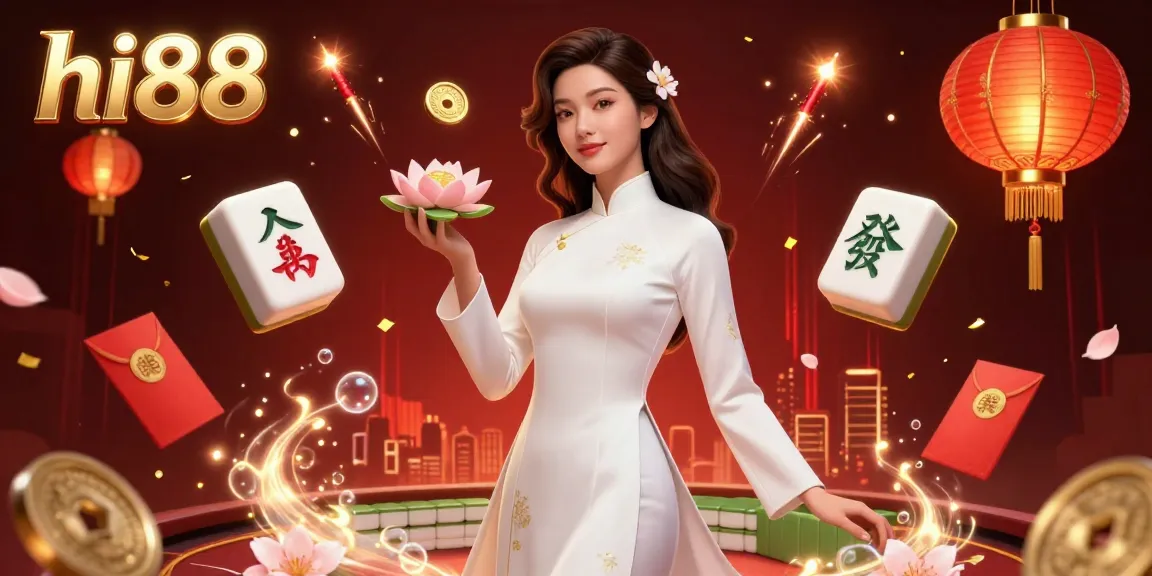 Experience the thrill of hi88 with a stunning view of an elegant Asian woman in a vibrant gambling scene.