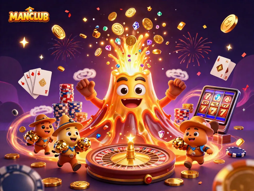 MANCLUB's vibrant 3D illustration showcases a victorious golden volcano erupting treasures in a dynamic gambling scene.