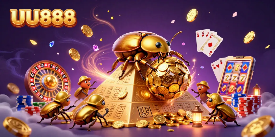 Spin to win with UU888: a golden dung beetle promotes casino jackpot excitement.