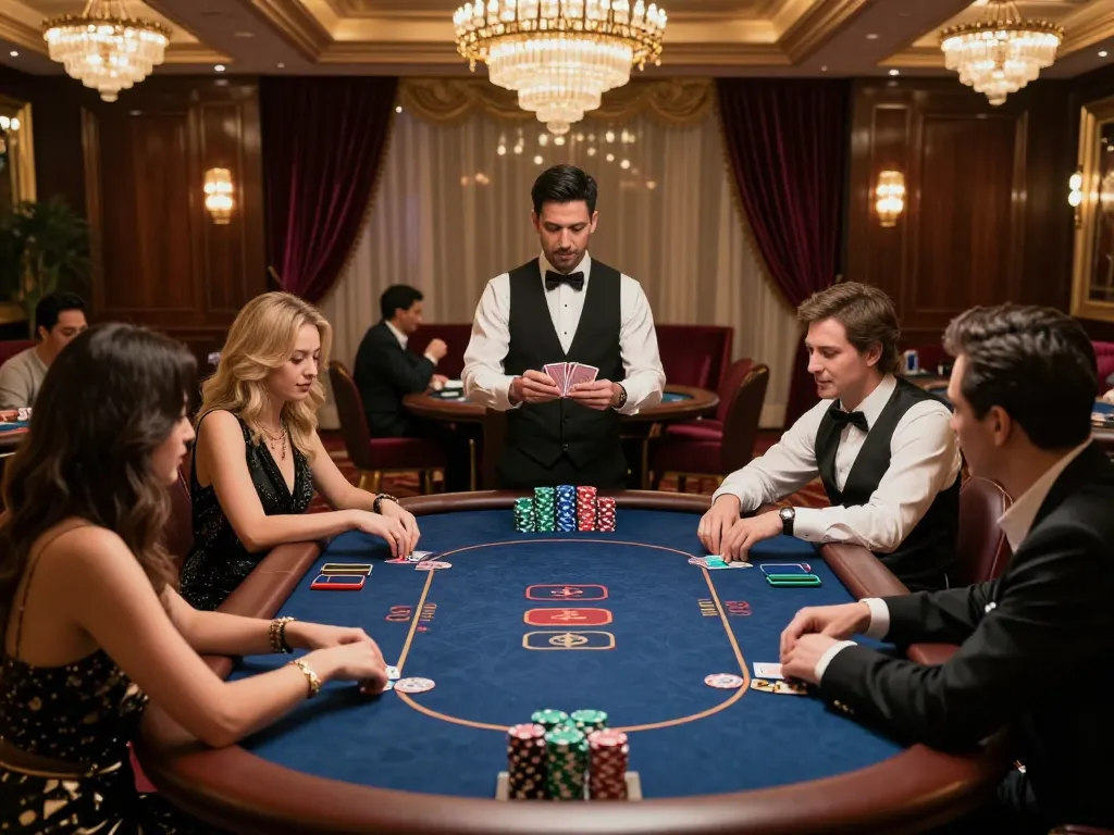 Engaged players strategizing at Da88 high-roller poker table in upscale casino atmosphere