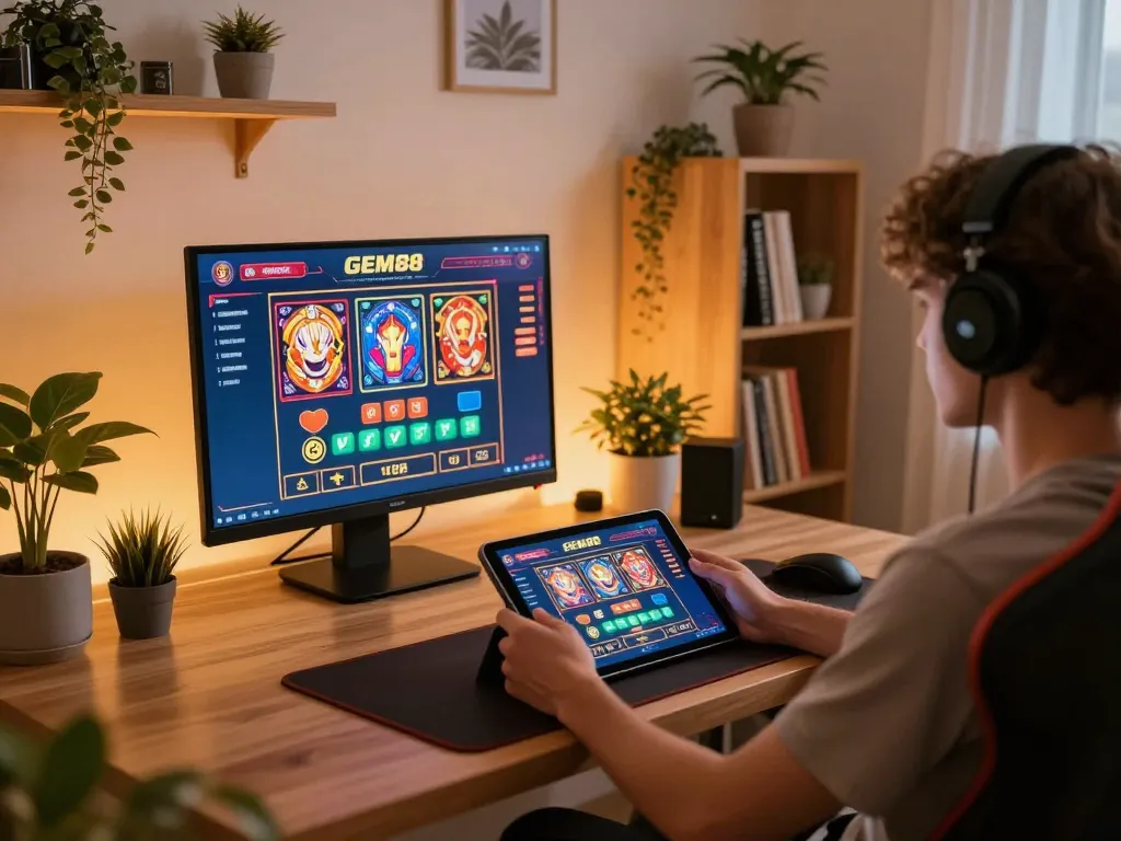 Experience GEM88 online casino with a user engaging in live dealer games on a tablet in a cozy home setting.