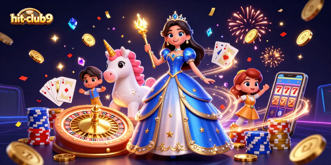 Play at hit-club9 with vibrant 3D characters celebrating amidst dazzling casino games and golden coins.