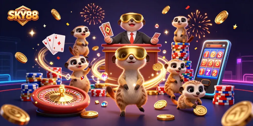 Experience thrilling casino action with SKY88 as meerkats celebrate winning games amidst confetti and fireworks.