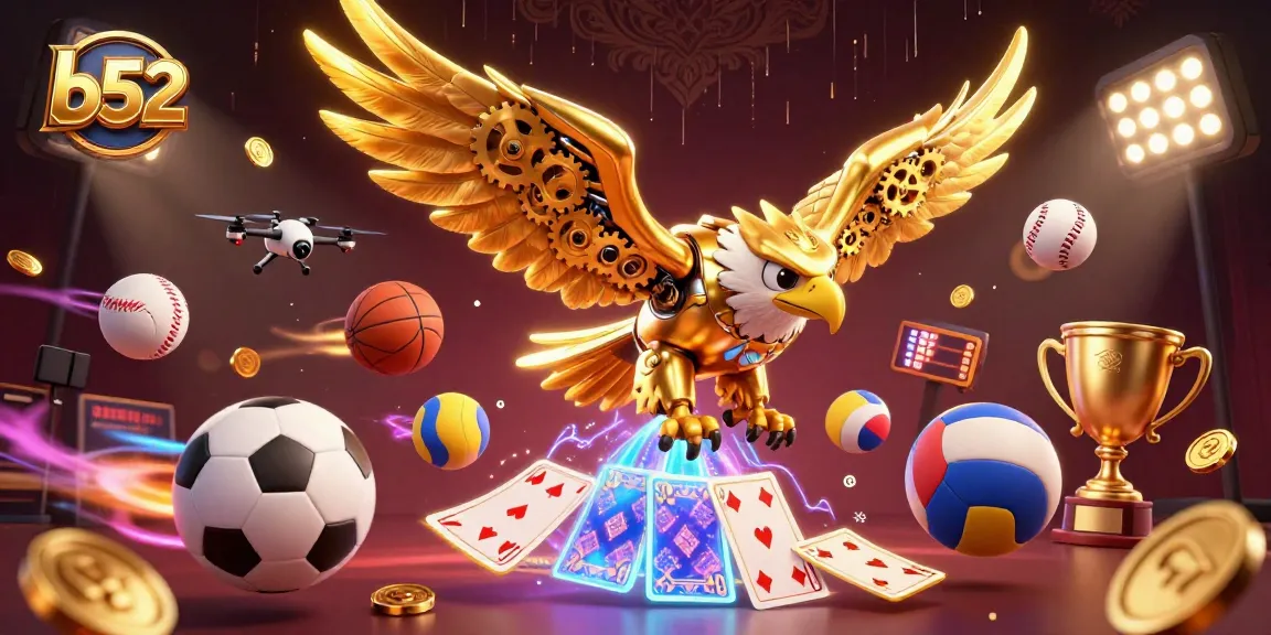 B52 platform offers thrilling gambling experiences with vibrant 3D illustrations of a cybernetic eagle and sports elements.