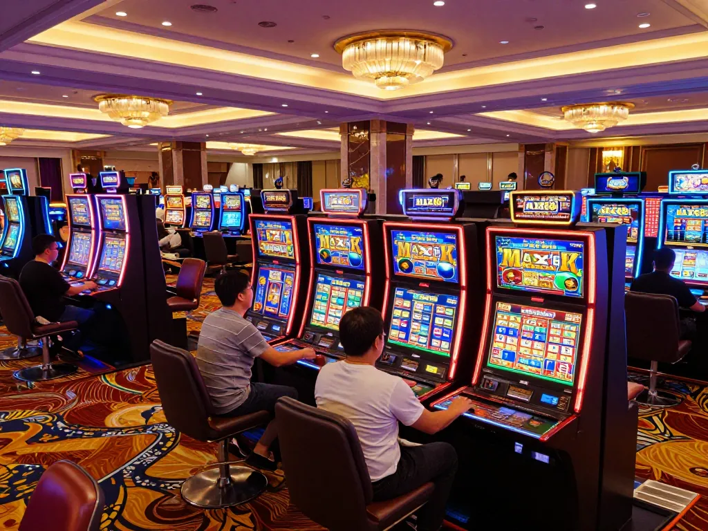 Players enjoying exciting slot games at NHÀ CÁI MAX88 in a vibrant casino atmosphere.