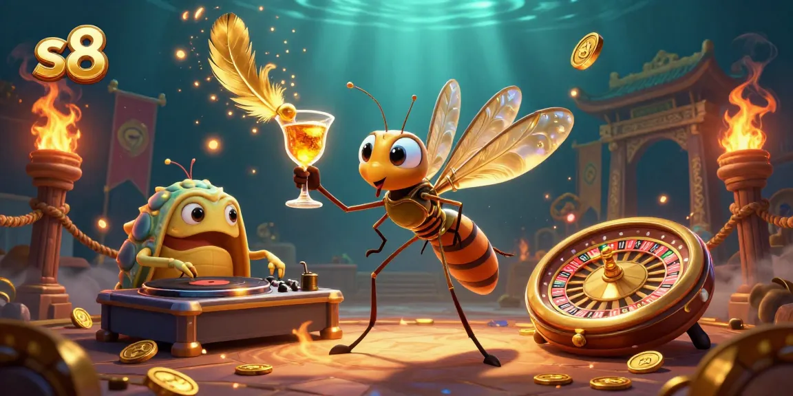 S8 casino mascot with a golden cocktail, surrounded by vibrant betting elements and a trilobite DJ, creating an energetic scene.