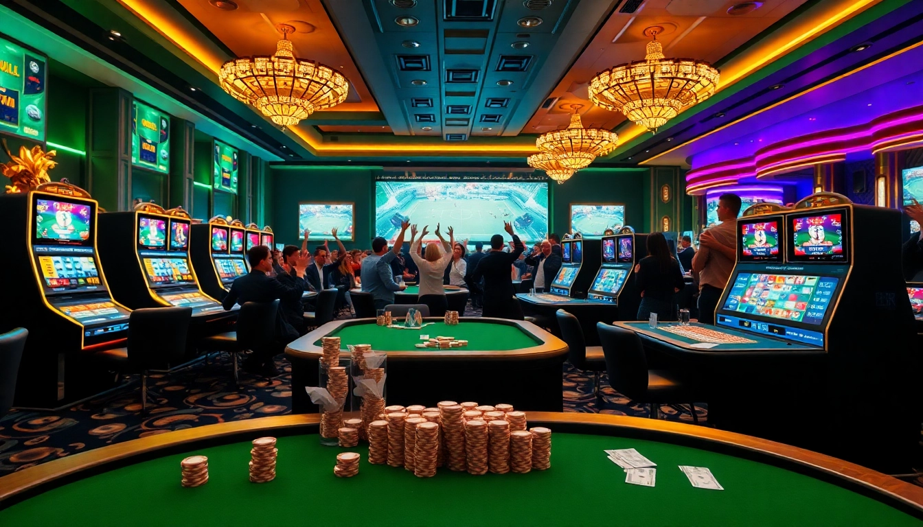 Exciting live sports betting scene at lương sơn tv with energetic gamblers and glowing screens.