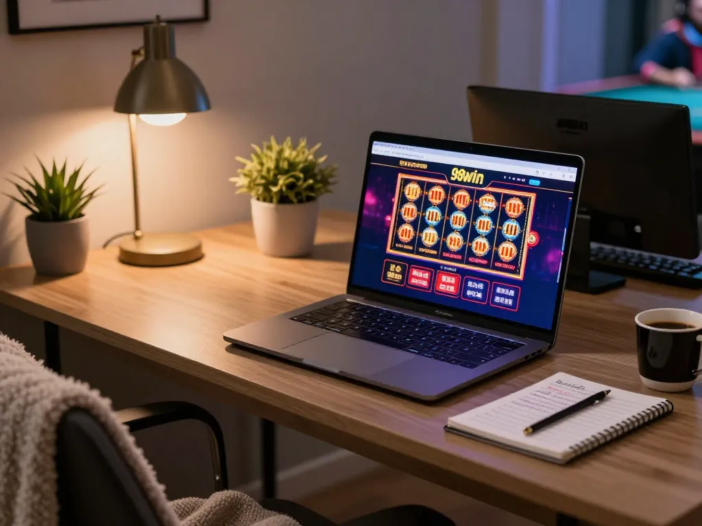 Engaging online gaming setup showcasing 98win casino interface on laptop, highlighting strategic gameplay.
