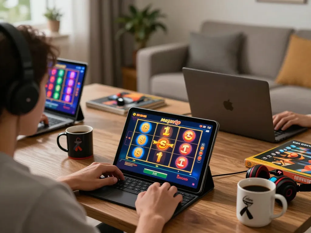 Terlibat dalam sesi mejavip slot online yang menarik di tablet dengan visual permainan yang penuh warna.