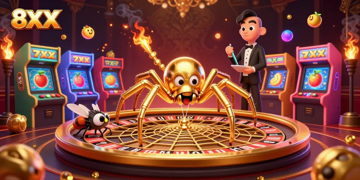 8XX casino featuring a golden spider roulette wheel, a fly placing bets, surrounded by vibrant gaming elements.