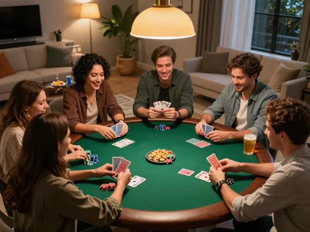 Friends enjoy a vibrant poker game at home, showcasing strategic gameplay while using sc88 com for better odds.