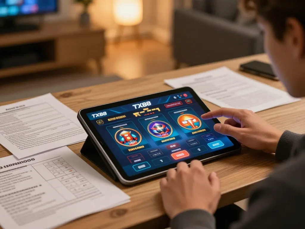 Engaging with TX88 casino app on a tablet in a cozy home setup, showcasing responsible gaming.